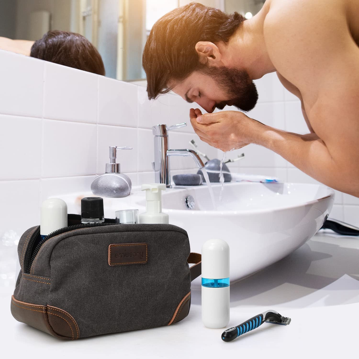 Travel Toiletry Bag for Men, Leather and Canvas Toiletry Bags, Dopp Kit for Men, Travel Bathroom Bag Men'S Shaving Kit, Travel Kit Small Bag for Men, Shaving Bag for Travel Accessories (Gray)