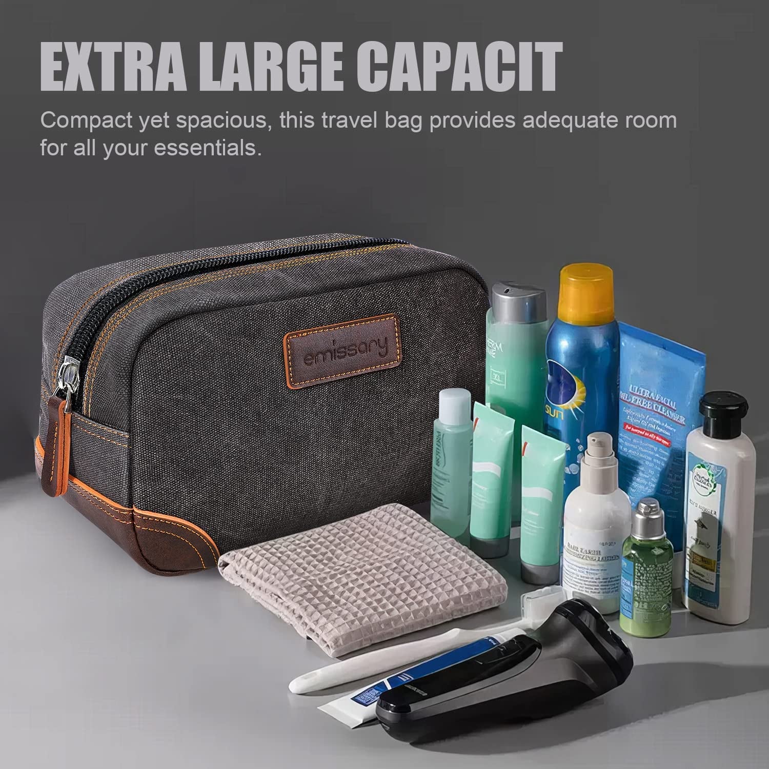 Travel Toiletry Bag for Men, Leather and Canvas Toiletry Bags, Dopp Kit for Men, Travel Bathroom Bag Men'S Shaving Kit, Travel Kit Small Bag for Men, Shaving Bag for Travel Accessories (Gray)